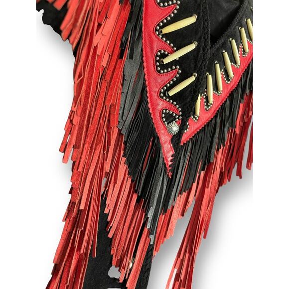 Vintage 90s Diamond Leathers Black Red Suede Fringe Western Jacket Bone Bead 12 - Picture 3 of 6